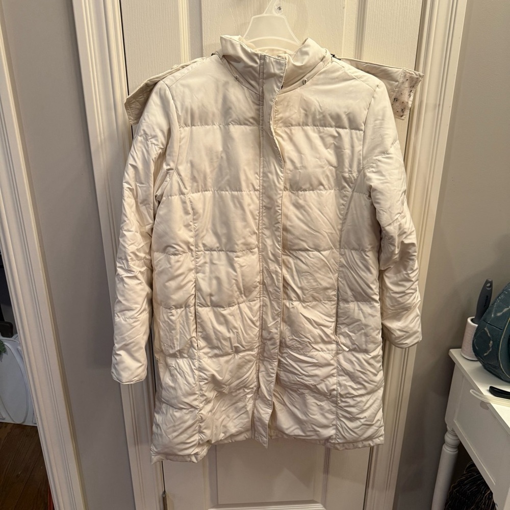 LL Bean Ultrawarm 3/4 Down Coat Cream Faux Fur Hood Parka 227260 Large